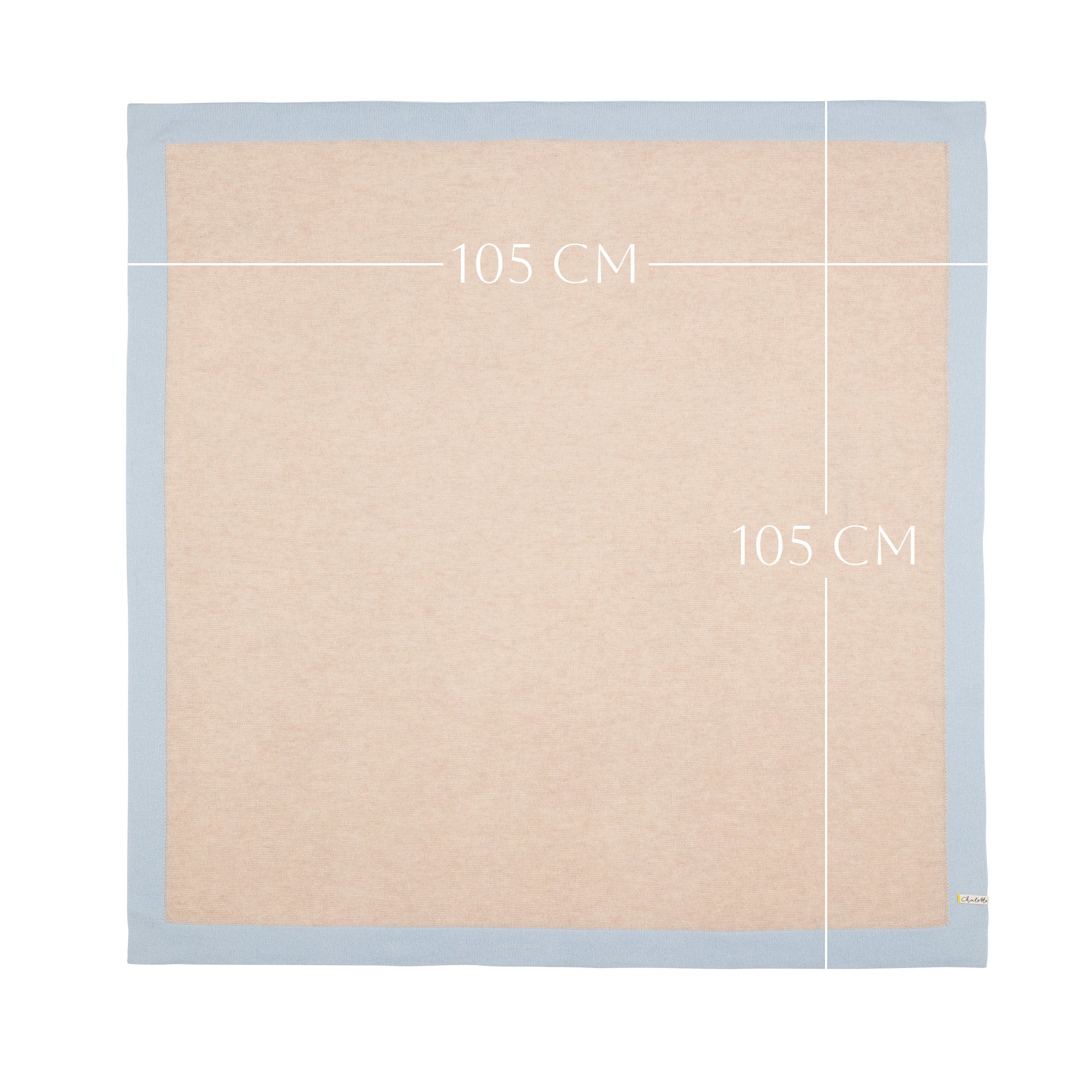 Kaschmirdecke von Chalette in beige mit blauem Rand ausgebreitet, Maße 105 x 105 cm sichtbar dargestellt