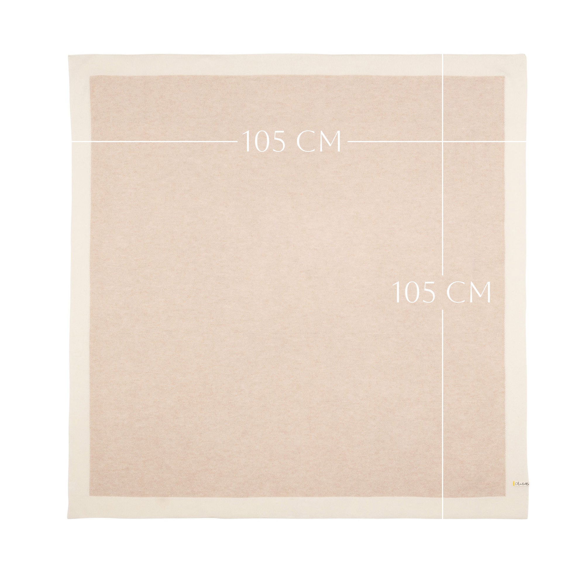 Kaschmirdecke von Chalette in beige mit weißem Rand ausgebreitet, Maße 105 x 105 cm sichtbar dargestellt