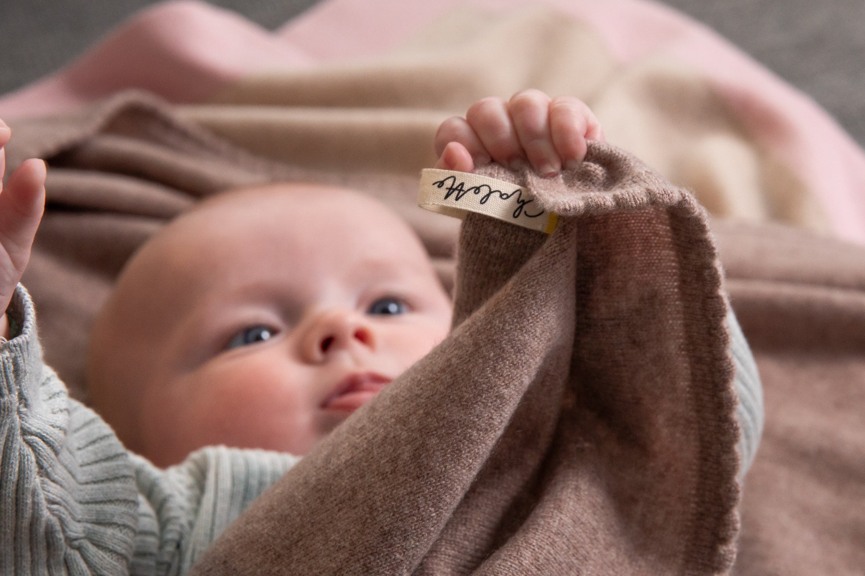 Baby hΓ€lt braune Kaschmirdecke von Chalette in der Hand